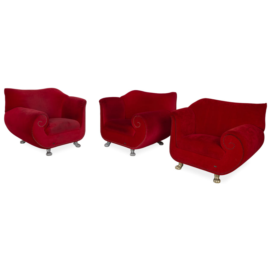 Bretz Gaudi Ensemble Velours 3x Fauteuils Rouge Pieds Pattes de Lion Argent