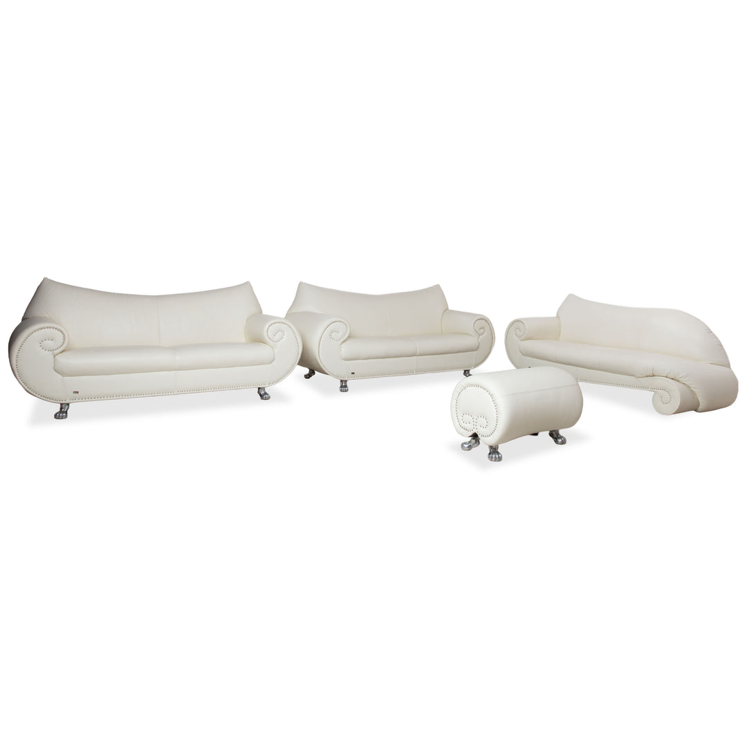 Bretz Gaudi Leather Set 2x Three-Seater, Chaise Longue & Ottoman Sofa Couch White Cream Beige Silver Lion's Paw Feet Rivets