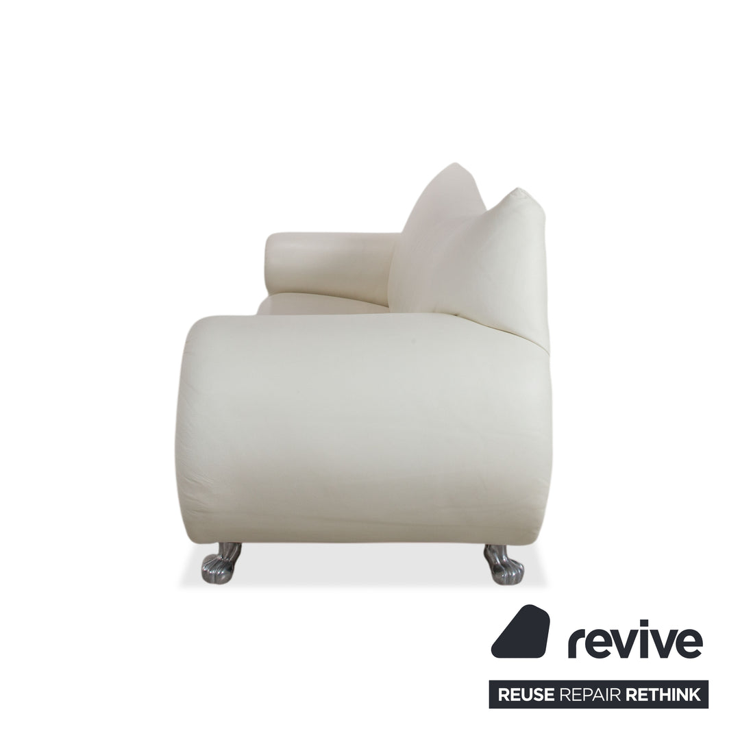Bretz Gaudi Leather Suite 2x Three-Seater & Chaise Lounge Sofa White Cream Beige Silver Lion's Paw Feet Rivets