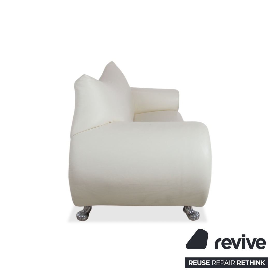 Bretz Gaudi Leather Suite 2x Three-Seater & Chaise Lounge Sofa White Cream Beige Silver Lion's Paw Feet Rivets