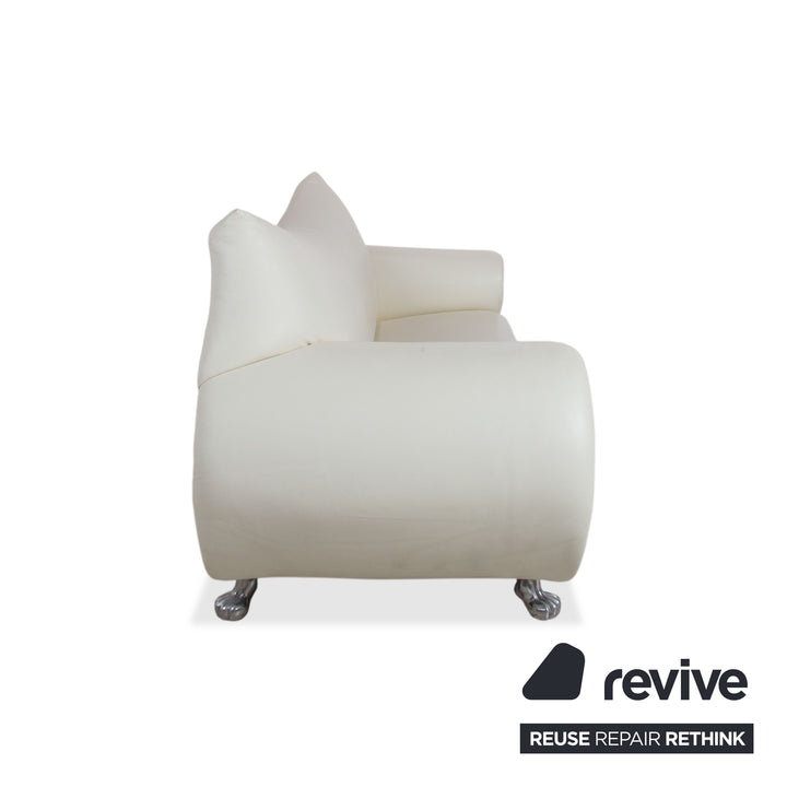 Bretz Gaudi Leather Suite 2x Three-Seater & Chaise Lounge Sofa White Cream Beige Silver Lion's Paw Feet Rivets