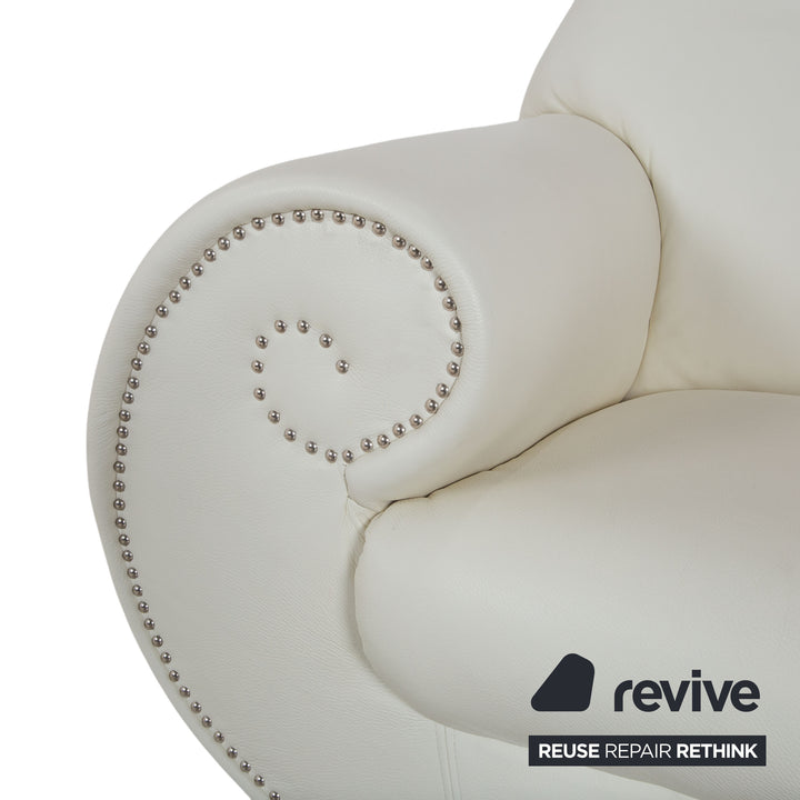 Bretz Gaudi Leather Suite 2x Three-Seater & Chaise Lounge Sofa White Cream Beige Silver Lion's Paw Feet Rivets