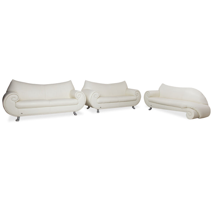 Bretz Gaudi Leather Suite 2x Three-Seater & Chaise Lounge Sofa White Cream Beige Silver Lion's Paw Feet Rivets