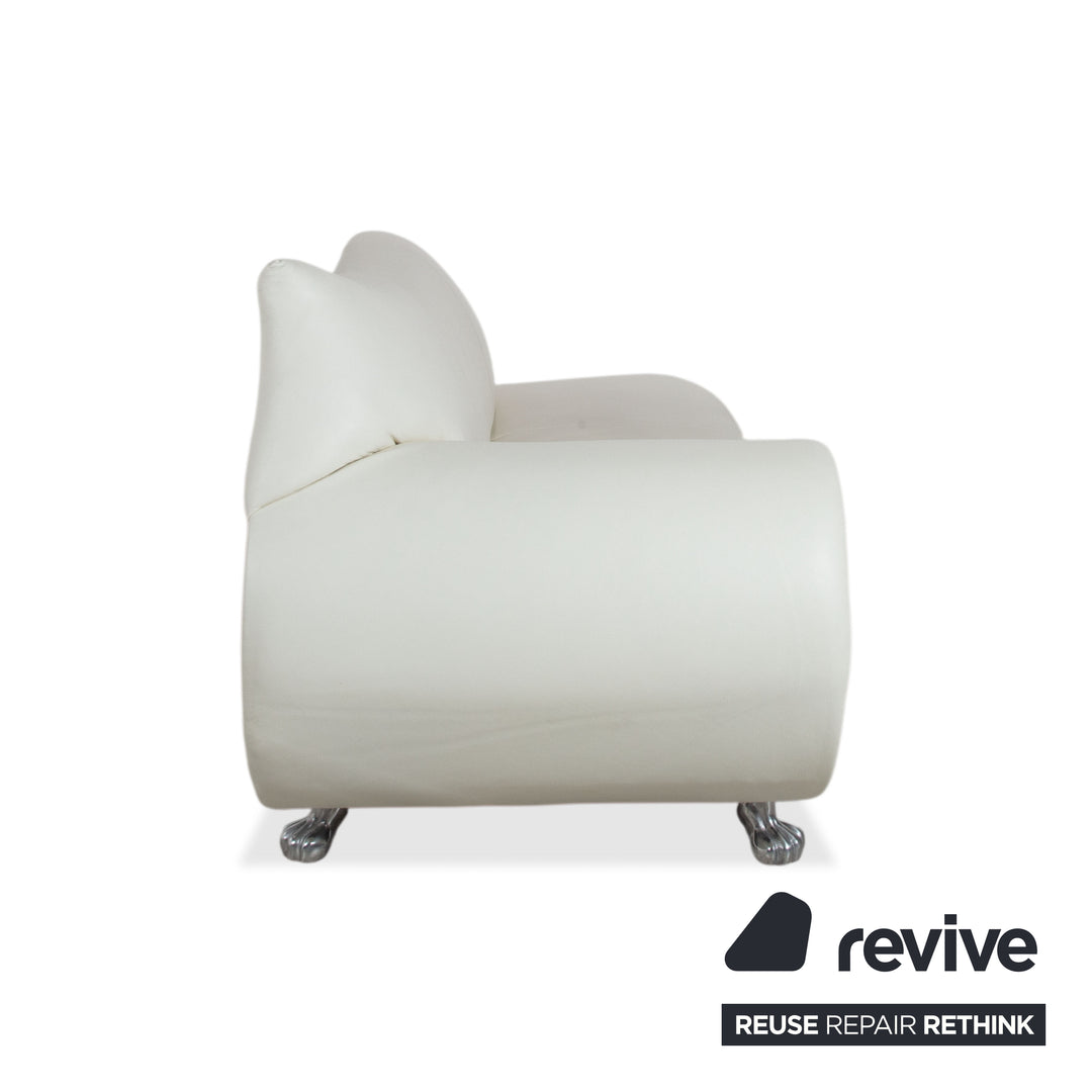 Bretz Gaudi Leather Suite 2x Three-Seater & Chaise Lounge Sofa White Cream Beige Silver Lion's Paw Feet Rivets
