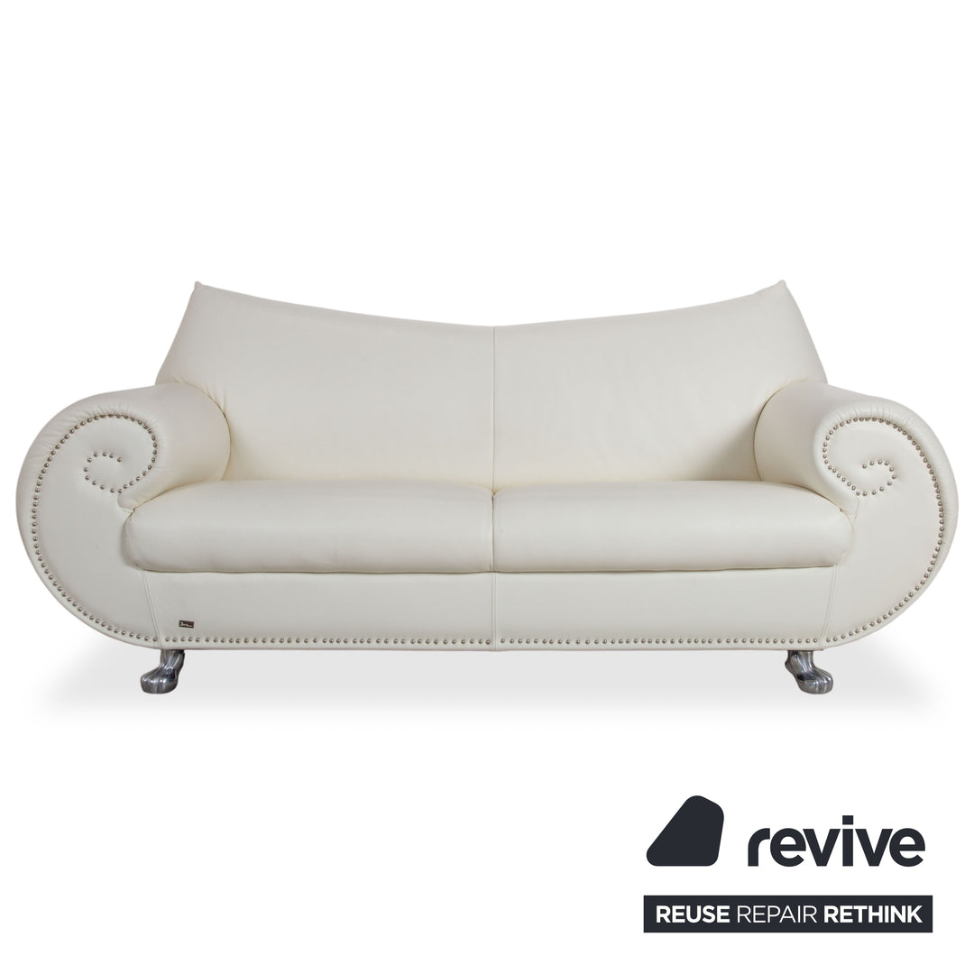 Bretz Gaudi Leather Suite 2x Three-Seater & Chaise Lounge Sofa White Cream Beige Silver Lion's Paw Feet Rivets