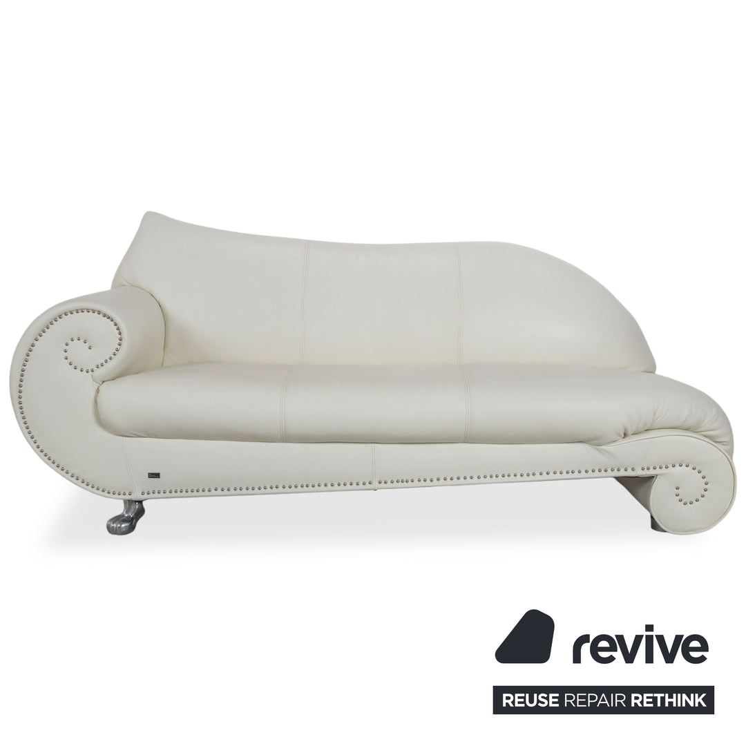 Bretz Gaudi Leather Suite 2x Three-Seater & Chaise Lounge Sofa White Cream Beige Silver Lion's Paw Feet Rivets