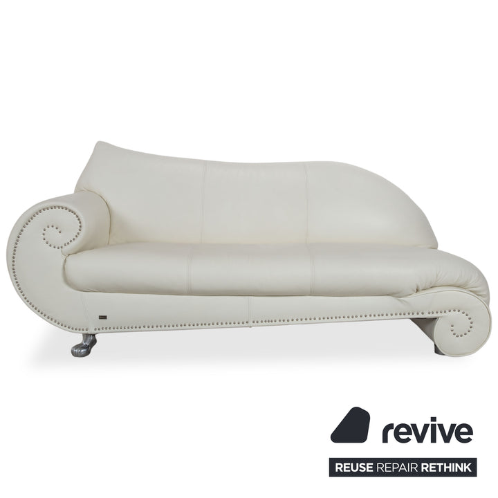 Bretz Gaudi Leather Suite 2x Three-Seater & Chaise Lounge Sofa White Cream Beige Silver Lion's Paw Feet Rivets