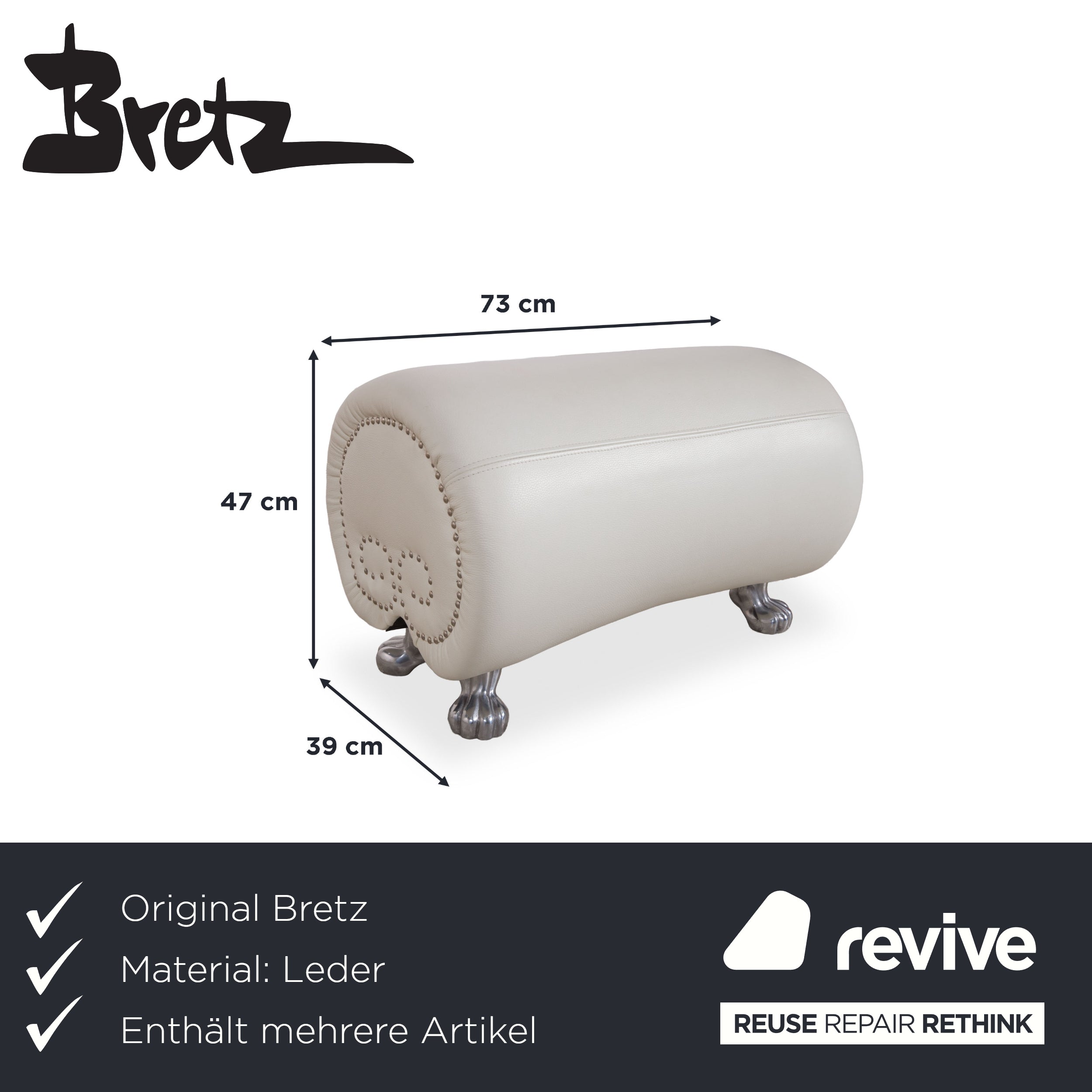 Bretz Gaudi Leder Garnitur Dreisitzer, Recamiere & Hocker Sofa Couch Weiß Creme Beige Silber Löwentatzen Füße Nieten