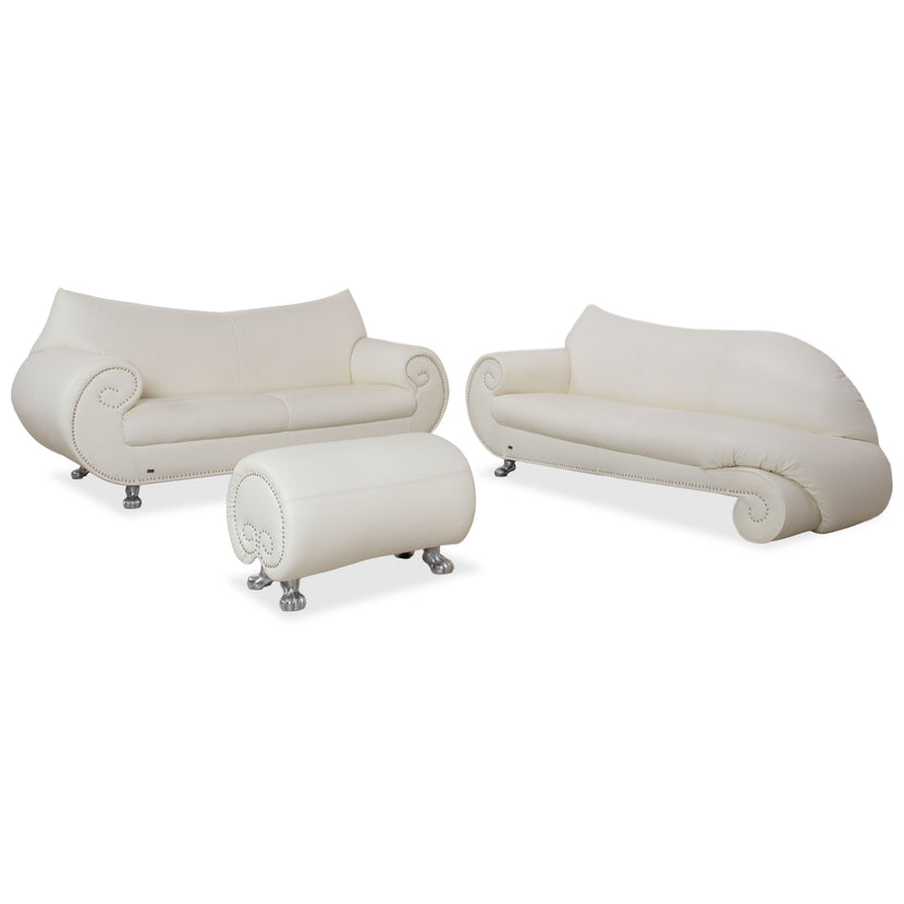 Bretz Gaudi Leder Garnitur Dreisitzer, Recamiere & Hocker Sofa Couch Weiß Creme Beige Silber Löwentatzen Füße Nieten