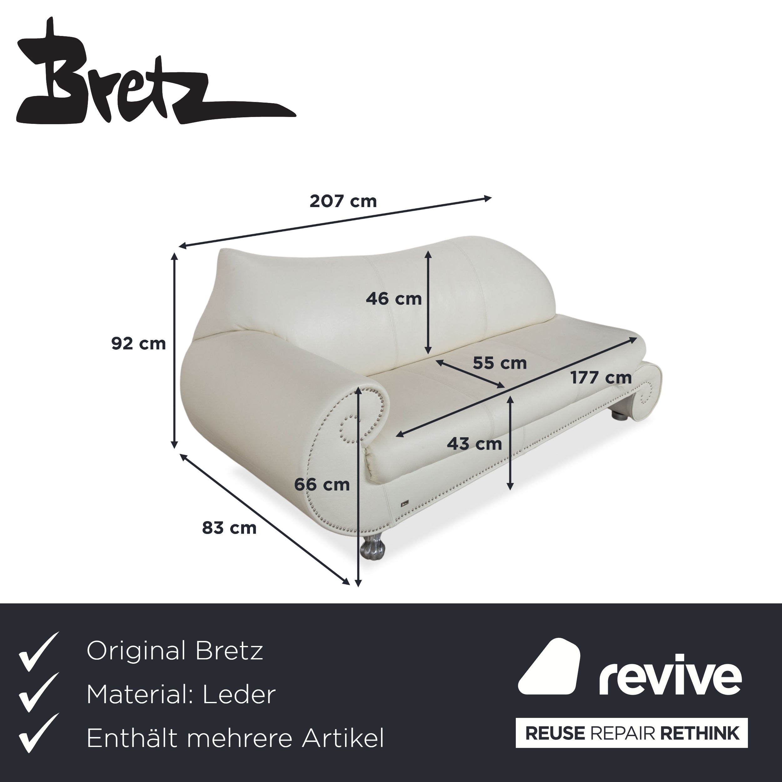Bretz Gaudi Leder Garnitur Dreisitzer, Recamiere & Hocker Sofa Couch Weiß Creme Beige Silber Löwentatzen Füße Nieten