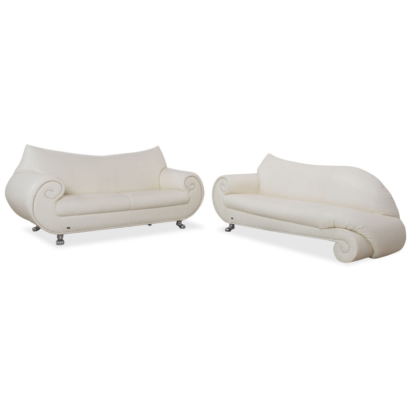 Bretz Gaudi Leder Garnitur Dreisitzer & Recamiere Sofa Couch Weiß Creme Beige Silber Löwentatzen Füße Nieten