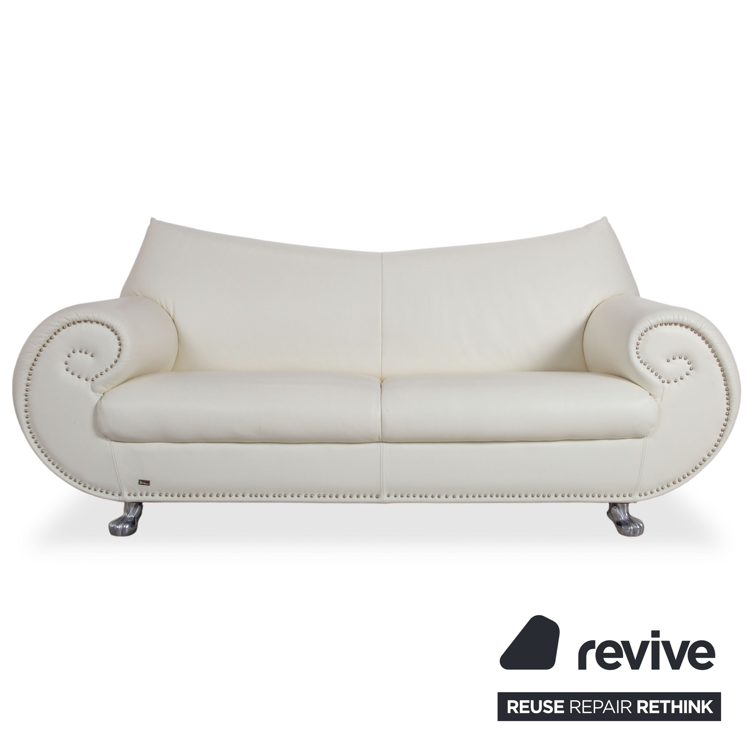Bretz Gaudi Leder Garnitur Dreisitzer & Recamiere Sofa Couch Weiß Creme Beige Silber Löwentatzen Füße Nieten