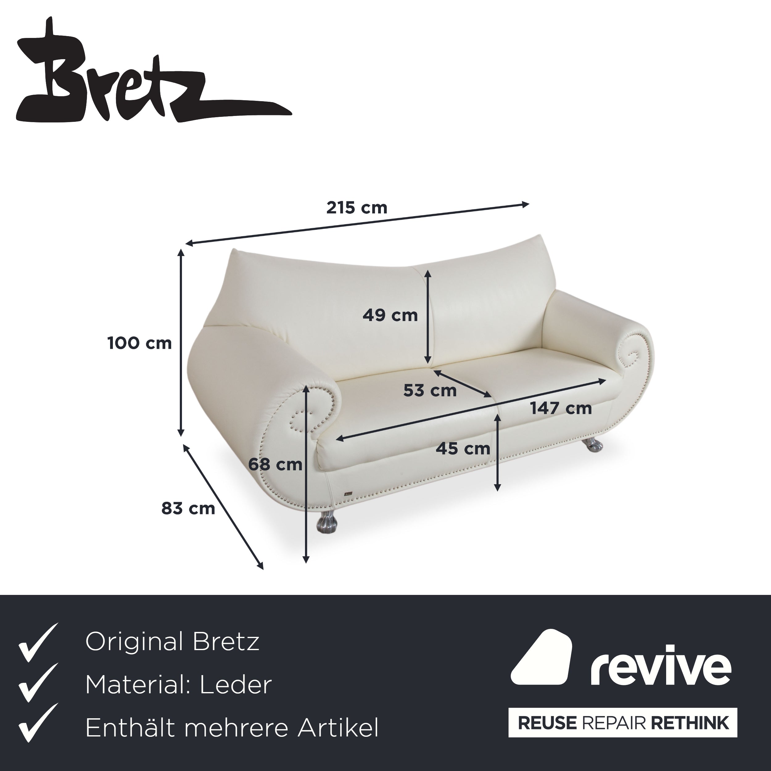 Bretz Gaudi Leder Garnitur Dreisitzer & Recamiere Sofa Couch Weiß Creme Beige Silber Löwentatzen Füße Nieten