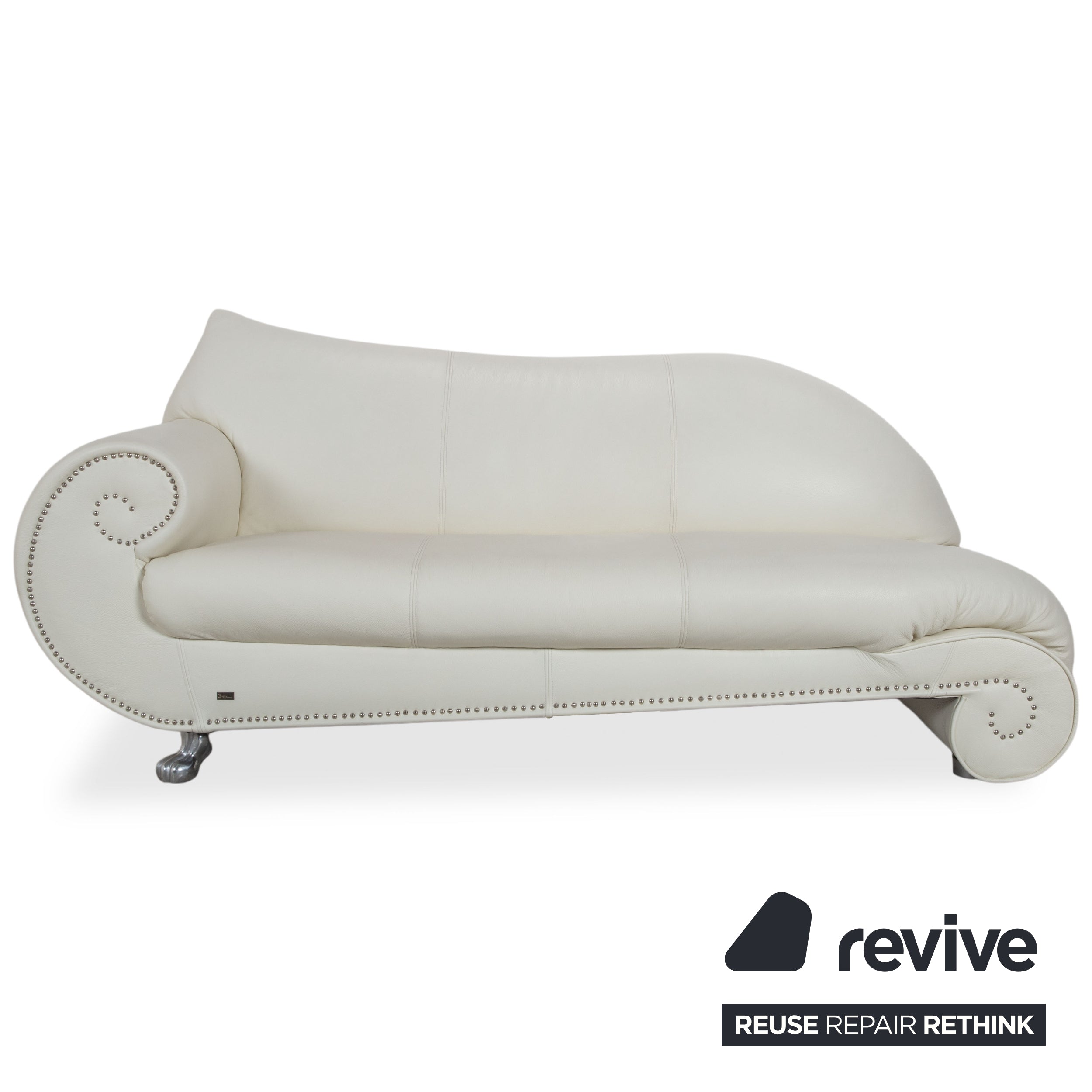 Bretz Gaudi Leder Garnitur Dreisitzer & Recamiere Sofa Couch Weiß Creme Beige Silber Löwentatzen Füße Nieten