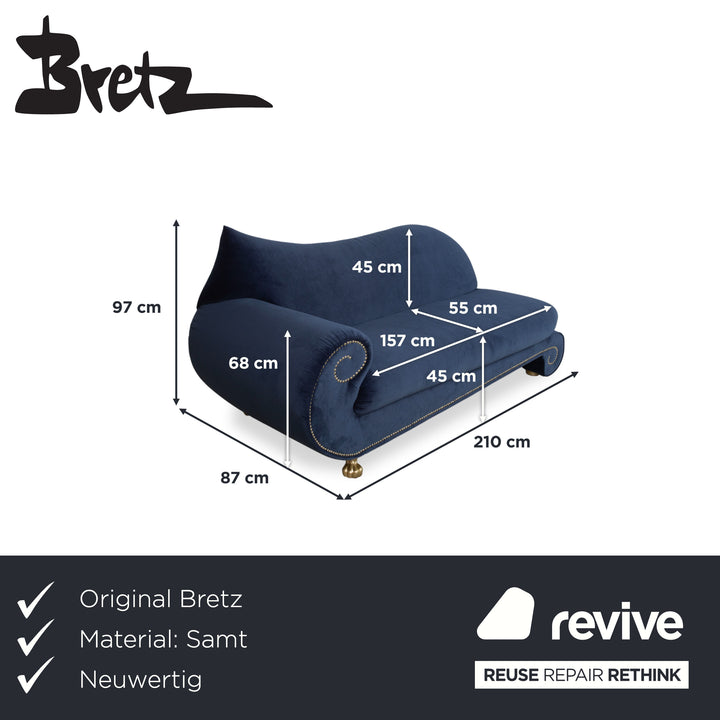 Bretz Gaudi Recamiere Samt Velour Dreisitzer Blau Sofa Couch Gold Löwen Tatzen Neubezug