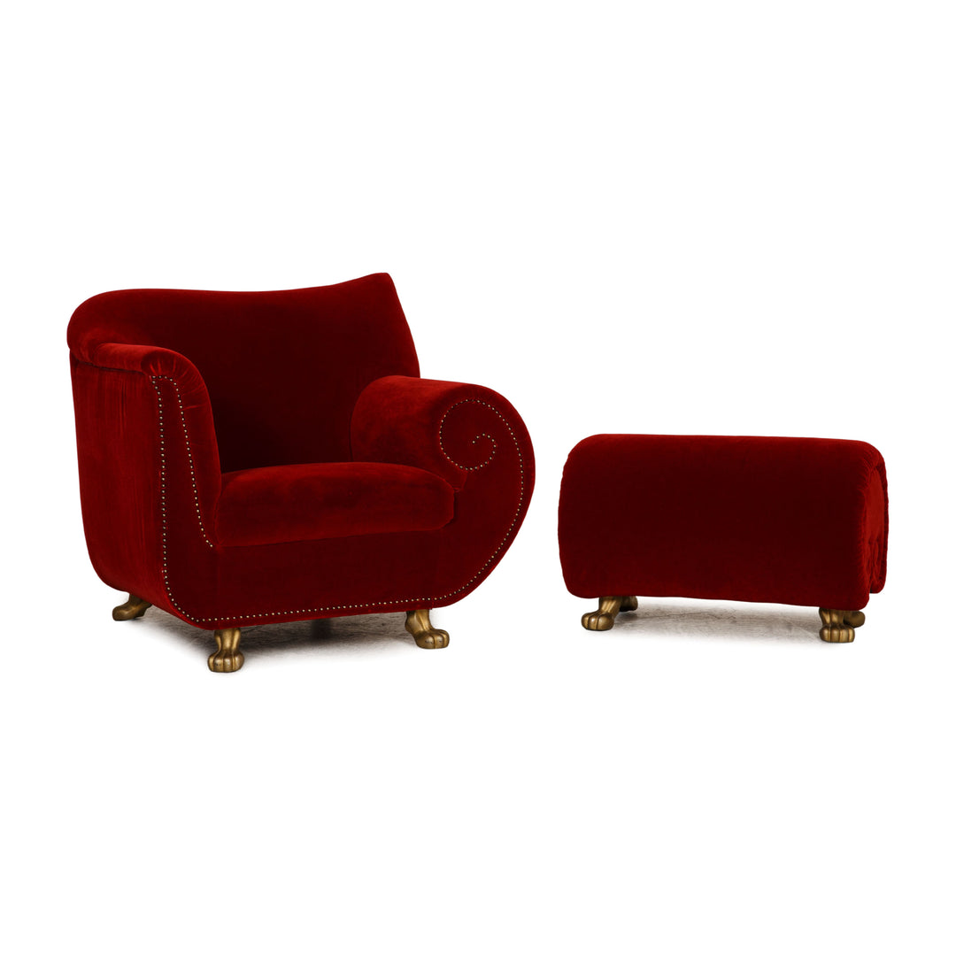 Ensemble fauteuil en velours Bretz Gaudi tabouret rouge