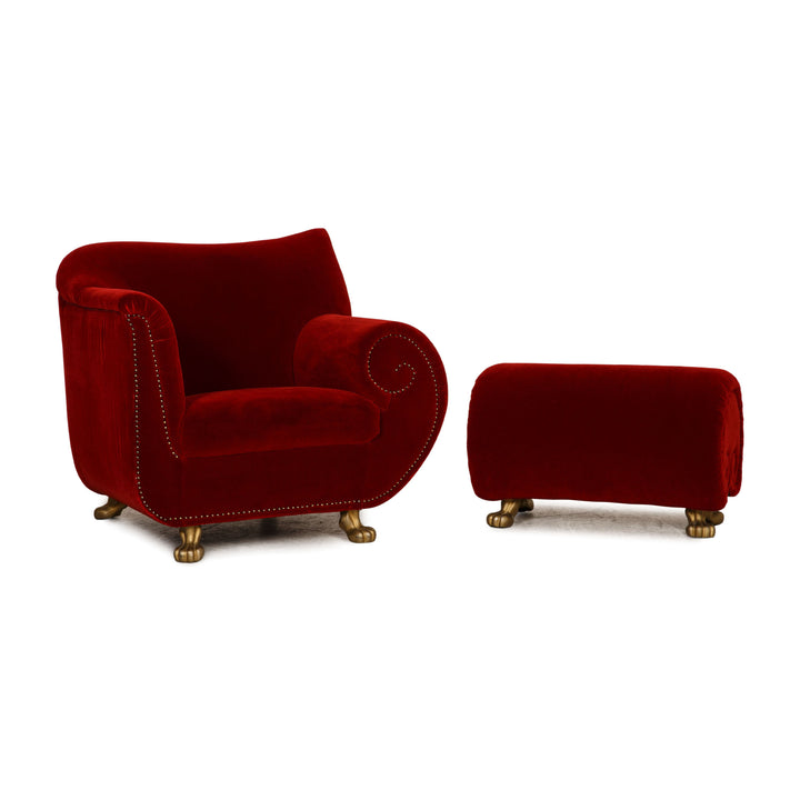 Ensemble fauteuil en velours Bretz Gaudi tabouret rouge