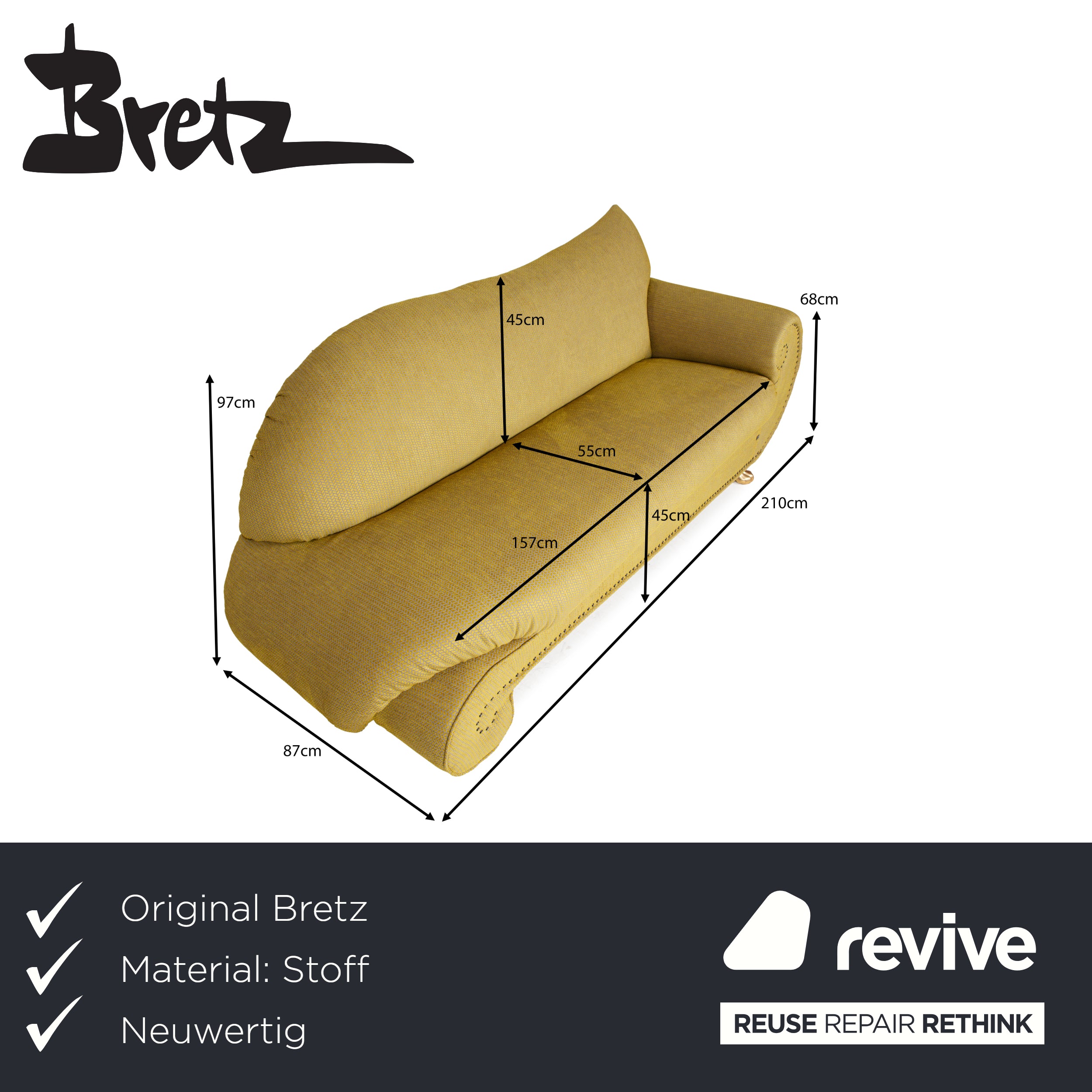 Bretz Gaudi Samt Stoff Sofa Gelb Grün Dreisitzer Couch Neubezug
