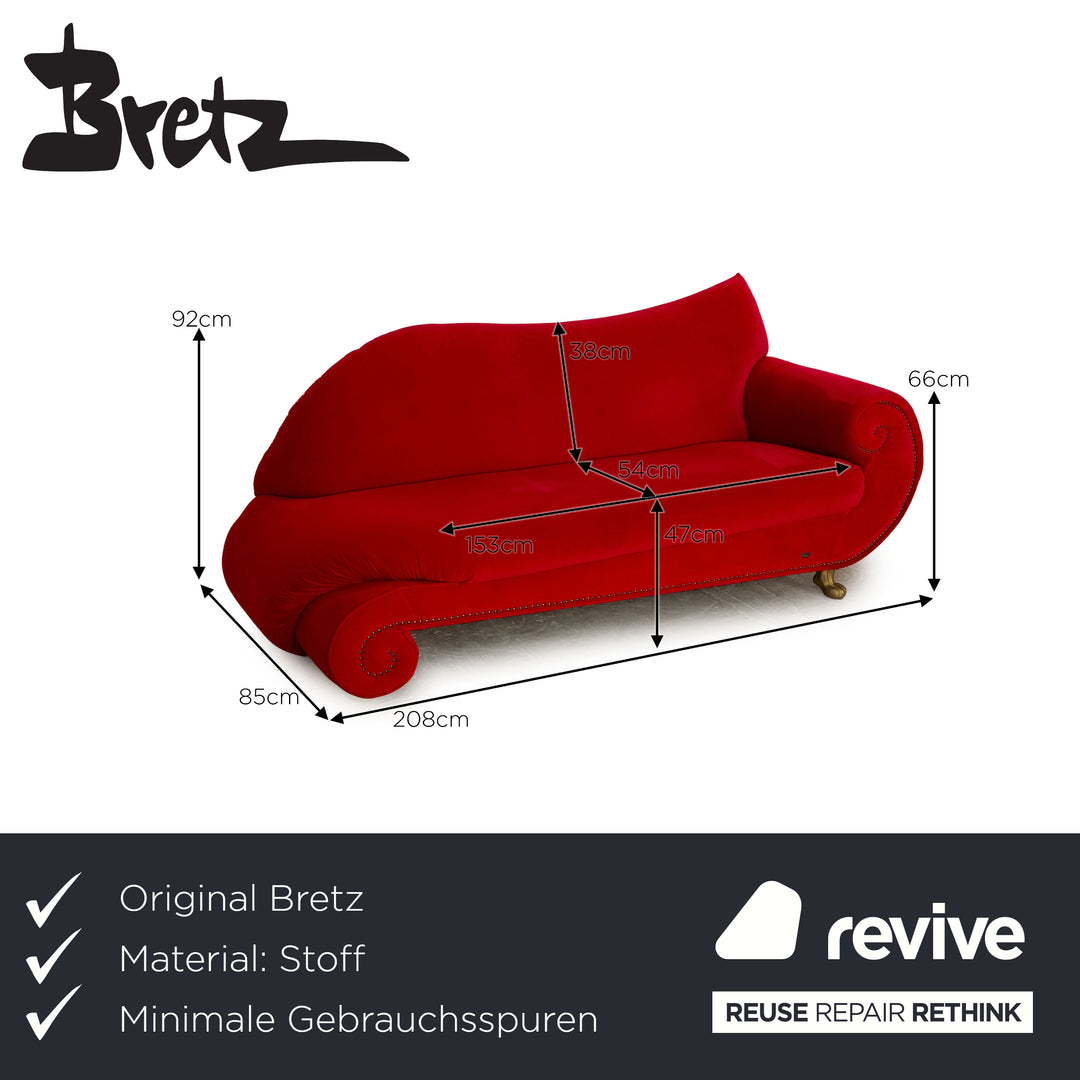 Bretz Gaudi Velvet Fabric Sofa Red Three Seater Couch