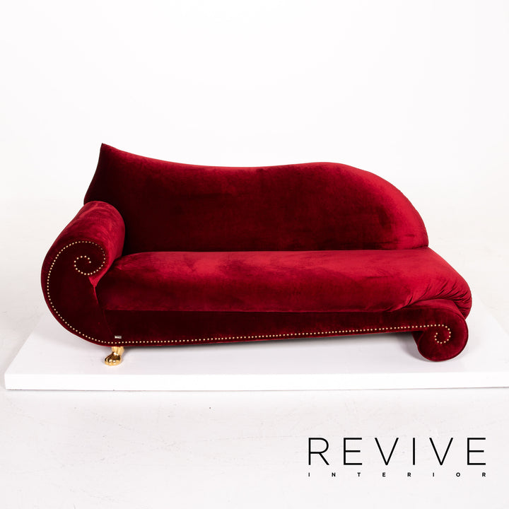 Bretz Gaudi Velvet Fabric Sofa Red Three Seater Couch Gold Plated #14192