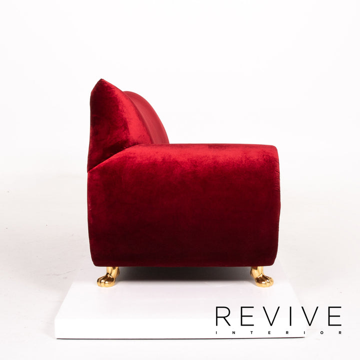 Bretz Gaudi Velvet Fabric Sofa Red Three Seater Couch Gold Plated #14192