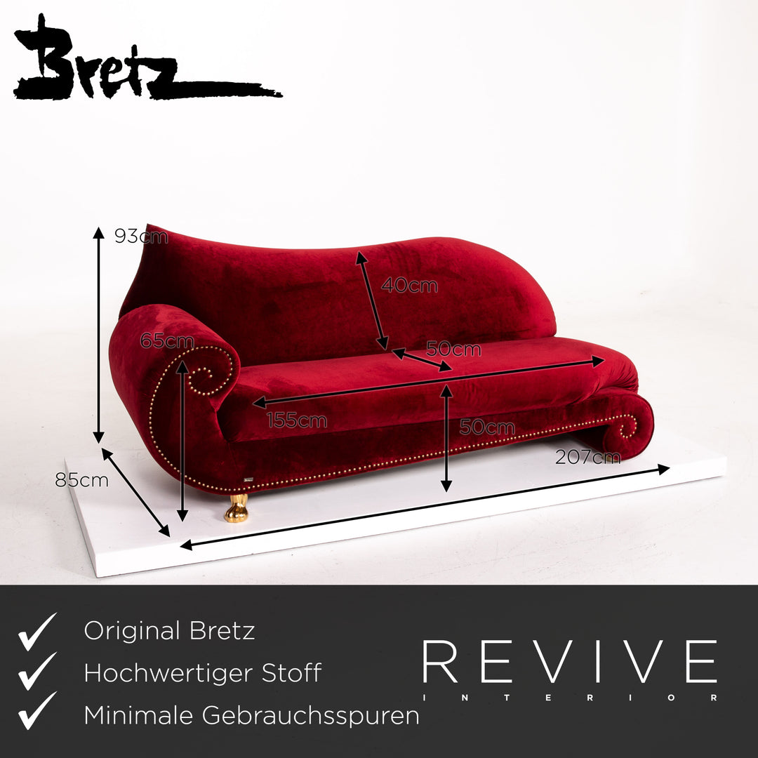 Bretz Gaudi Velvet Fabric Sofa Red Three Seater Couch Gold Plated #14192
