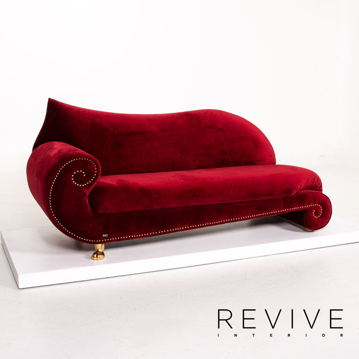 Bretz Gaudi Velvet Fabric Sofa Red Three Seater Couch Gold Plated #14192
