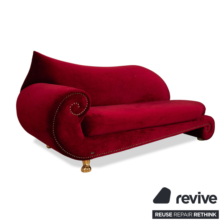 Bretz Gaudi Velvet Fabric Sofa Red Three-Seater Couch Gold Plated