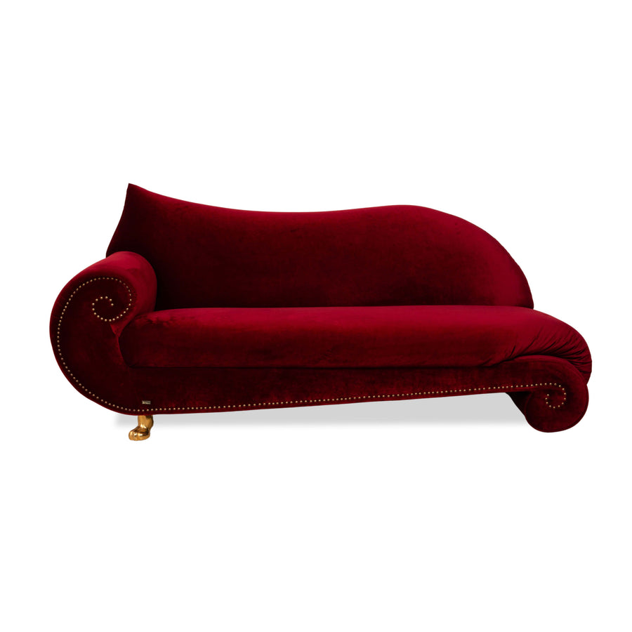 Bretz Gaudi Velvet Fabric Sofa Red Three-Seater Couch Gold Plated