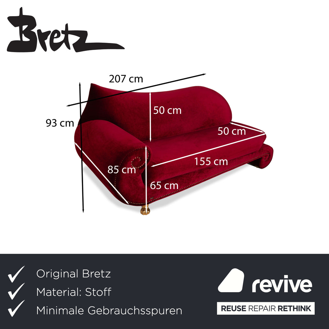 Bretz Gaudi Velvet Fabric Sofa Red Three-Seater Couch Gold Plated