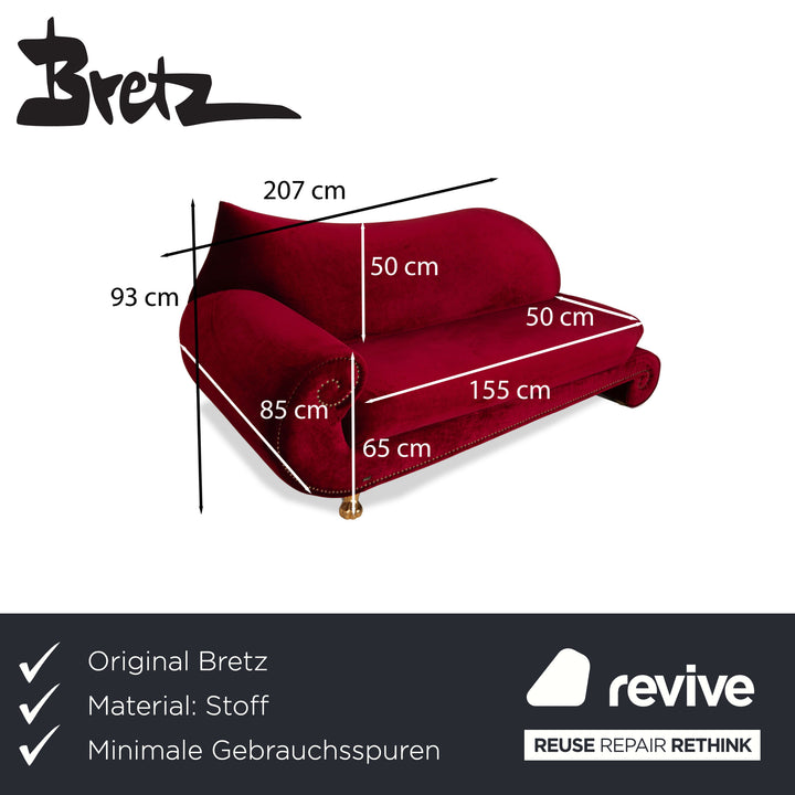 Bretz Gaudi Velvet Fabric Sofa Red Three-Seater Couch Gold Plated