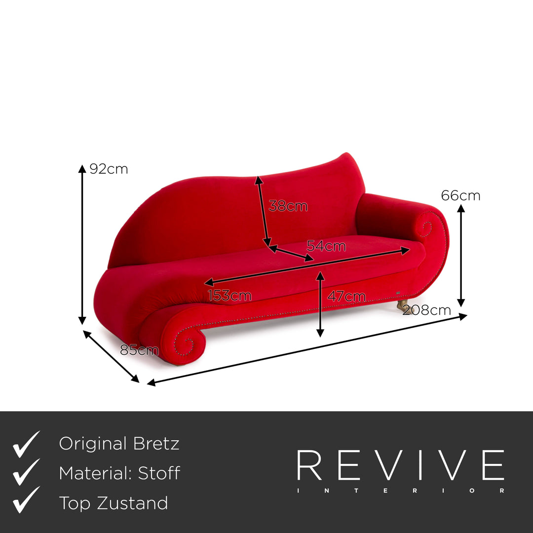 Bretz Gaudi Velvet Fabric Sofa Red Three Seater Couch
