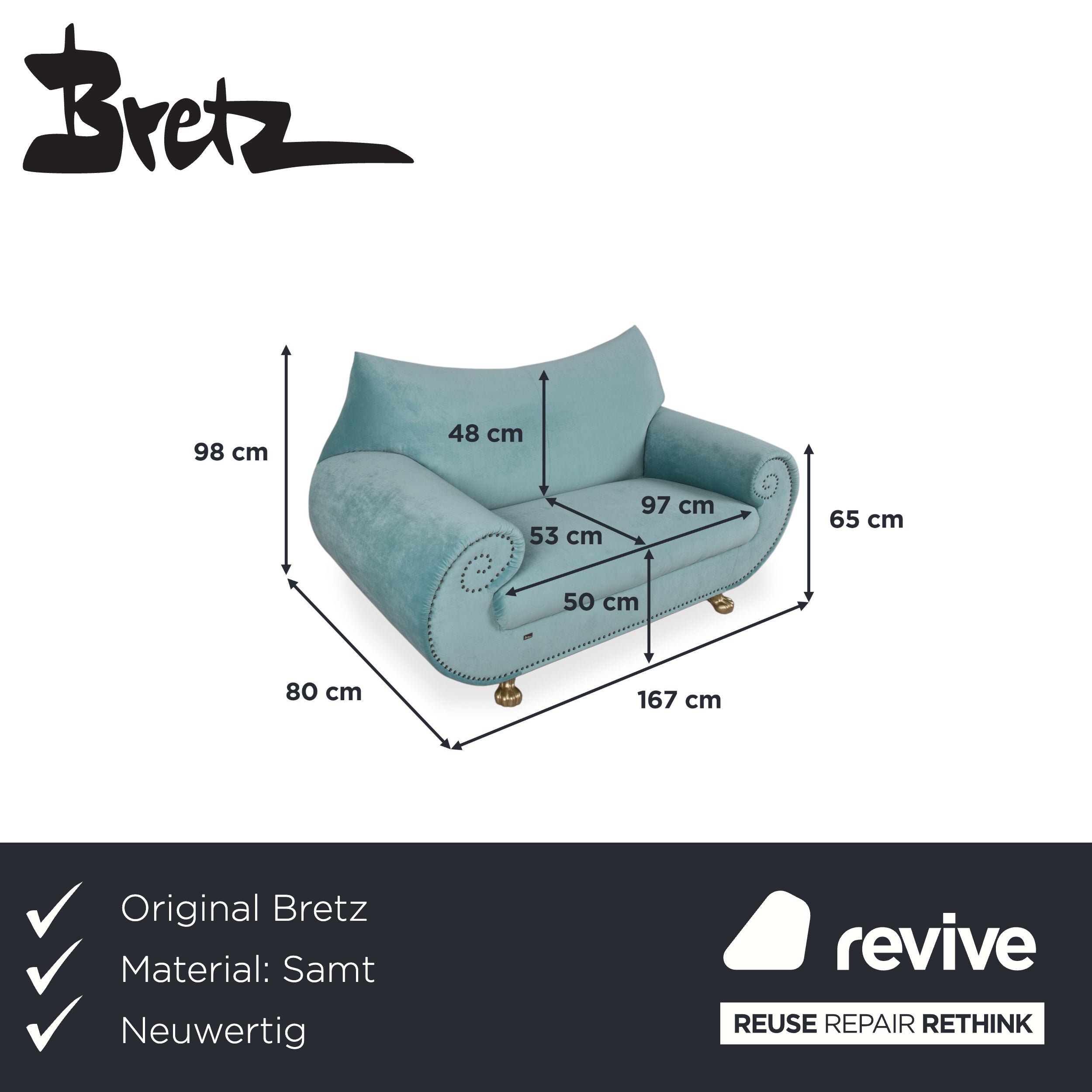 Bretz Gaudi Samt Zweisitzer Hell­türkis Sofa Couch Neubezug Melia FR 858