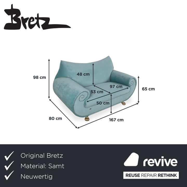 Bretz Gaudi Samt Zweisitzer Hell­türkis Sofa Couch Neubezug Melia FR 858