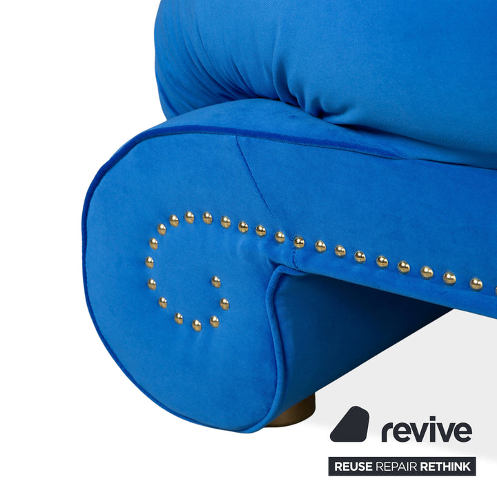 Canapé trois places bleu en tissu Bretz Gaudi retapissé