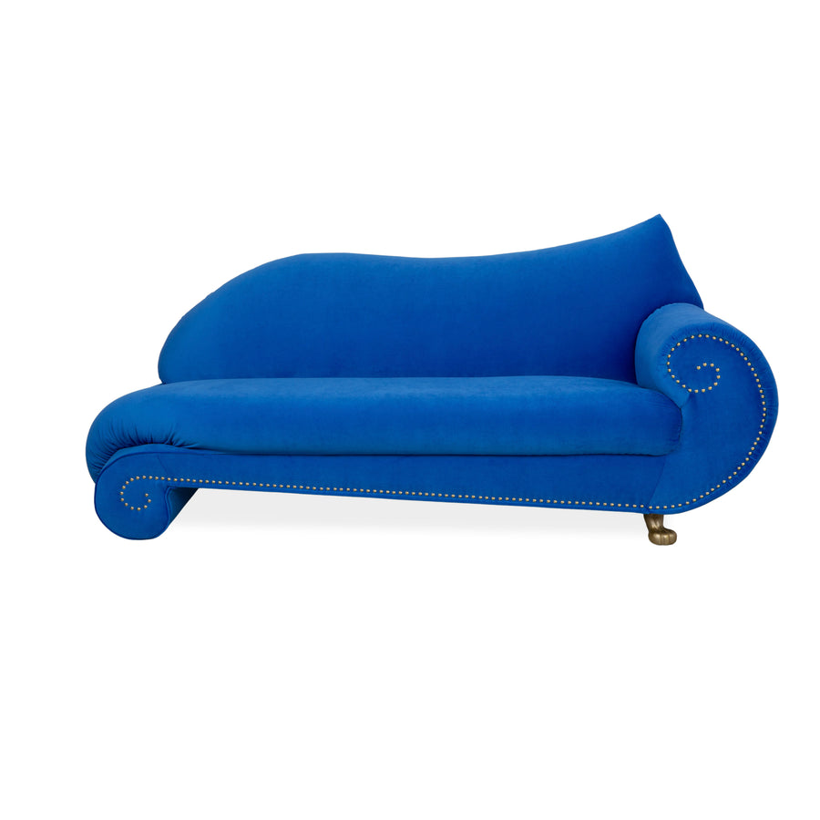 Canapé trois places bleu en tissu Bretz Gaudi retapissé