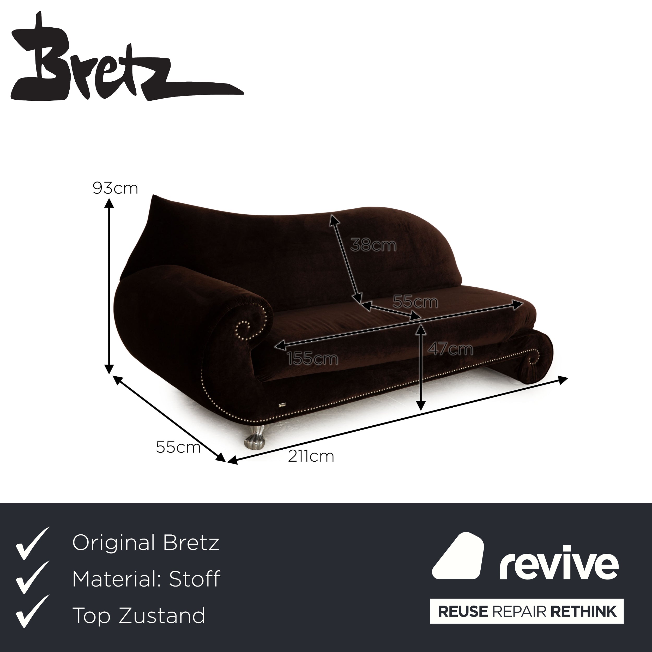 Bretz Gaudi Fabric Three Seater Brown Sofa Couch
