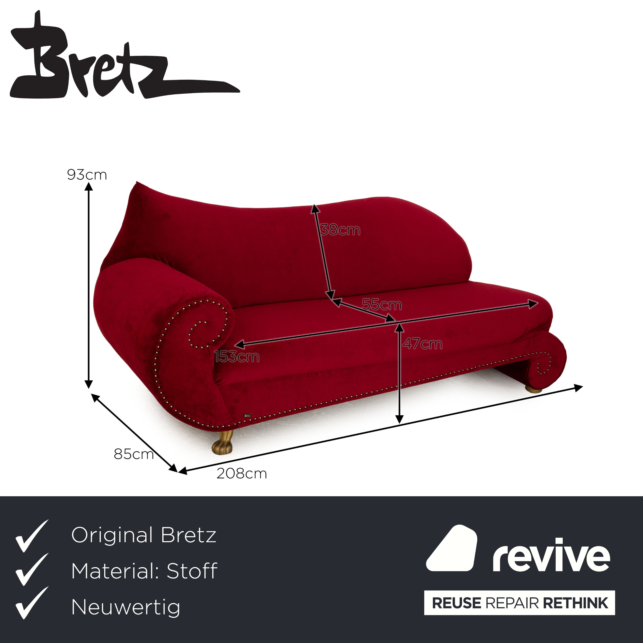 Bretz Gaudi fabric three-seater chaise longue red sofa couch reupholstered