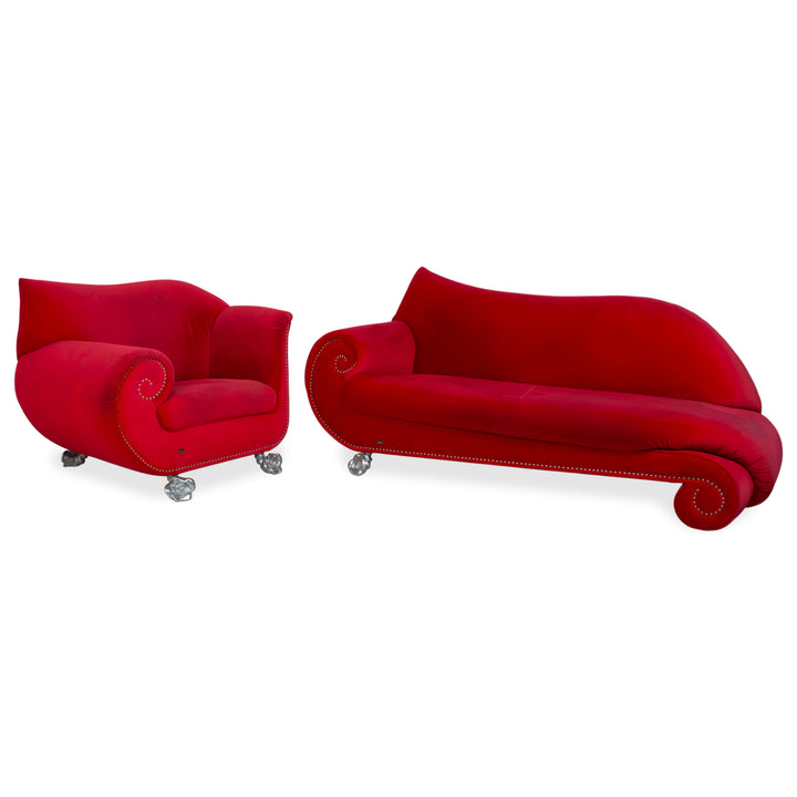 Bretz Gaudi fabric velvet three-seater armchair red silver sofa couch