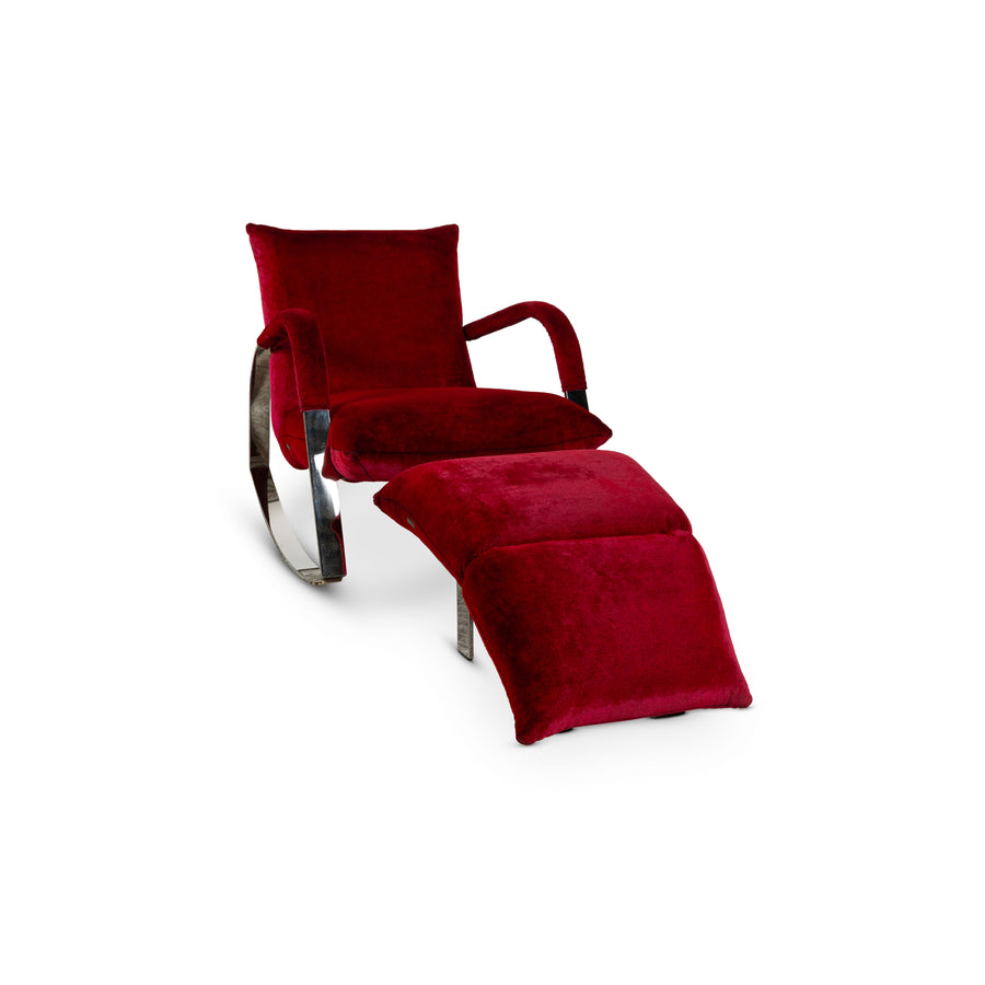 Bretz Highland Stoff Schaukelstuhl Sessel Rot inkl. Hocker Samt Chrom