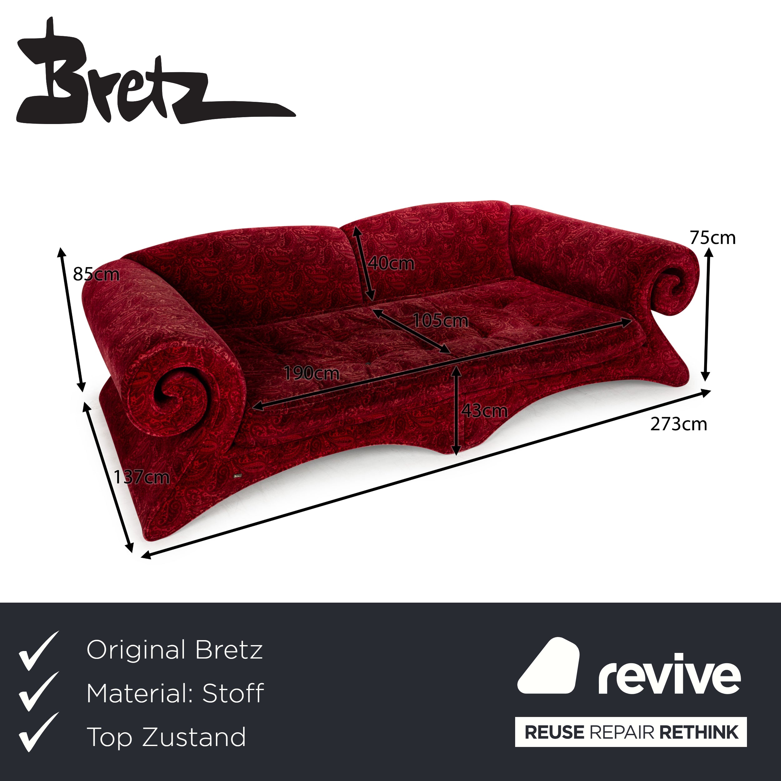 Bretz Mammut Fabric Four-Seater Red Sofa Couch