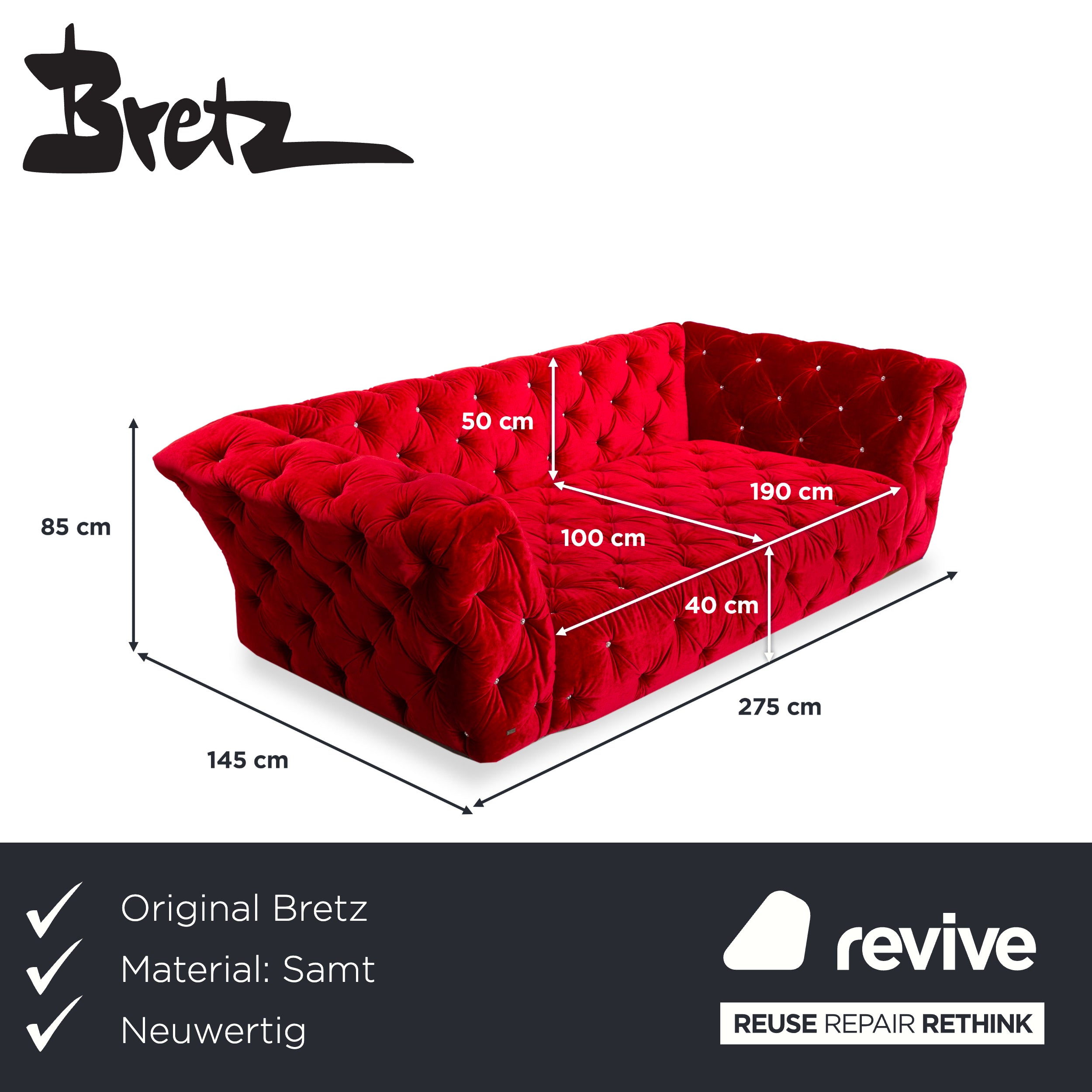 Bretz Marilyn Viersitzer Sofa Rot Samt Couch mit Swarovski Steinen