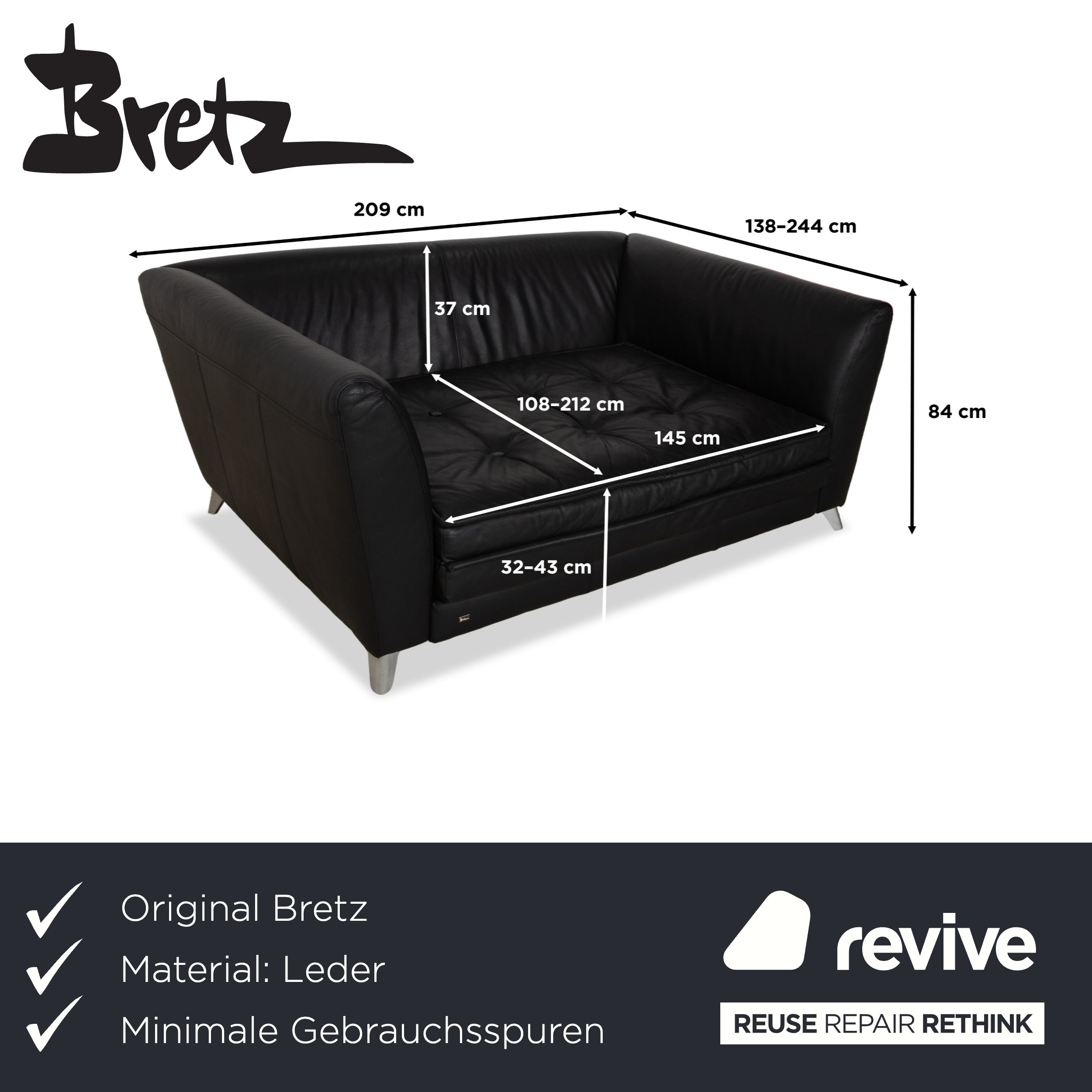 Bretz Monster Leder Dreisitzer Schwarz manuelle Funktion Sofa Couch Schlafsofa
