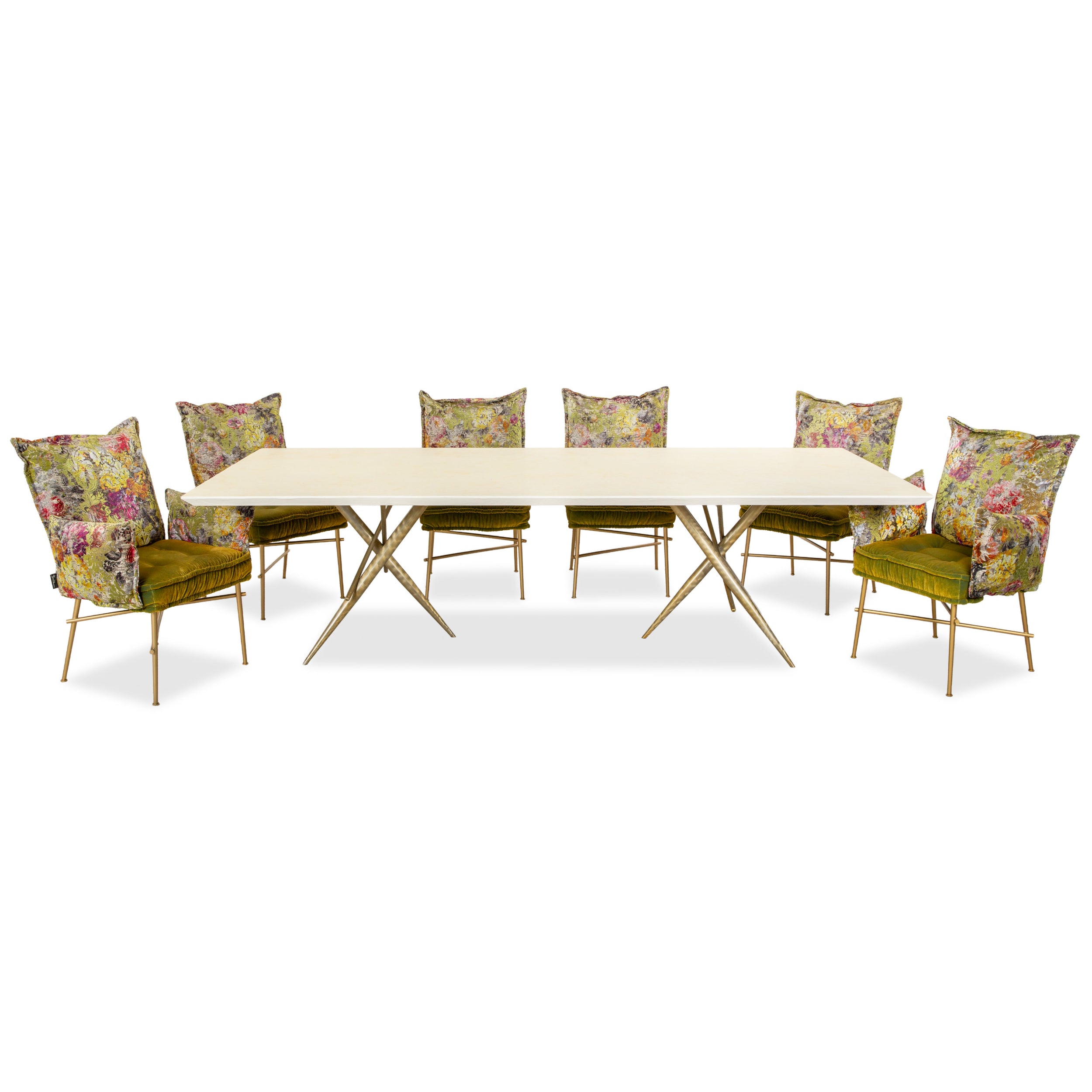 Bretz Ohlinda Garnitur MDF Esstisch & 6x Stoff Stühle Grün Creme Weiß Gold midsummer oliv bunt Blumenmuster Muster Samt Esszimmer 270 x 110 x 74 cm