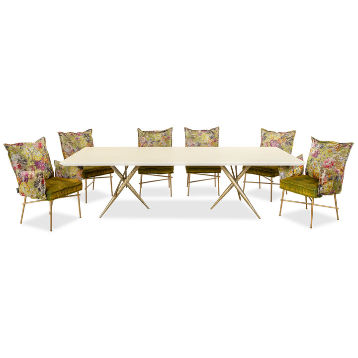 Ensemble table à manger Bretz Ohlinda en MDF et 6 chaises en tissu vert crème blanc or olive d'été motif floral coloré velours salle à manger 270 x 110 x 74 cm
