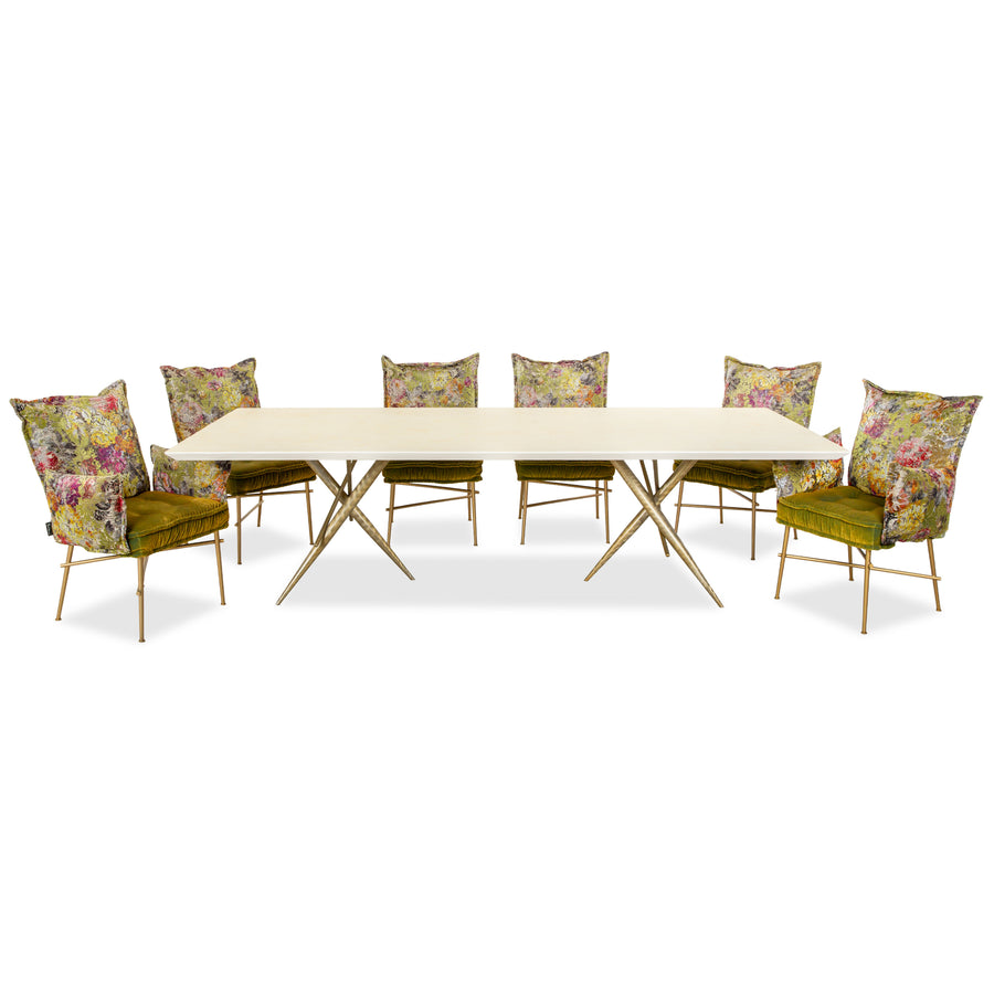 Ensemble table à manger Bretz Ohlinda en MDF et 6 chaises en tissu vert crème blanc or olive d'été motif floral coloré velours salle à manger 270 x 110 x 74 cm