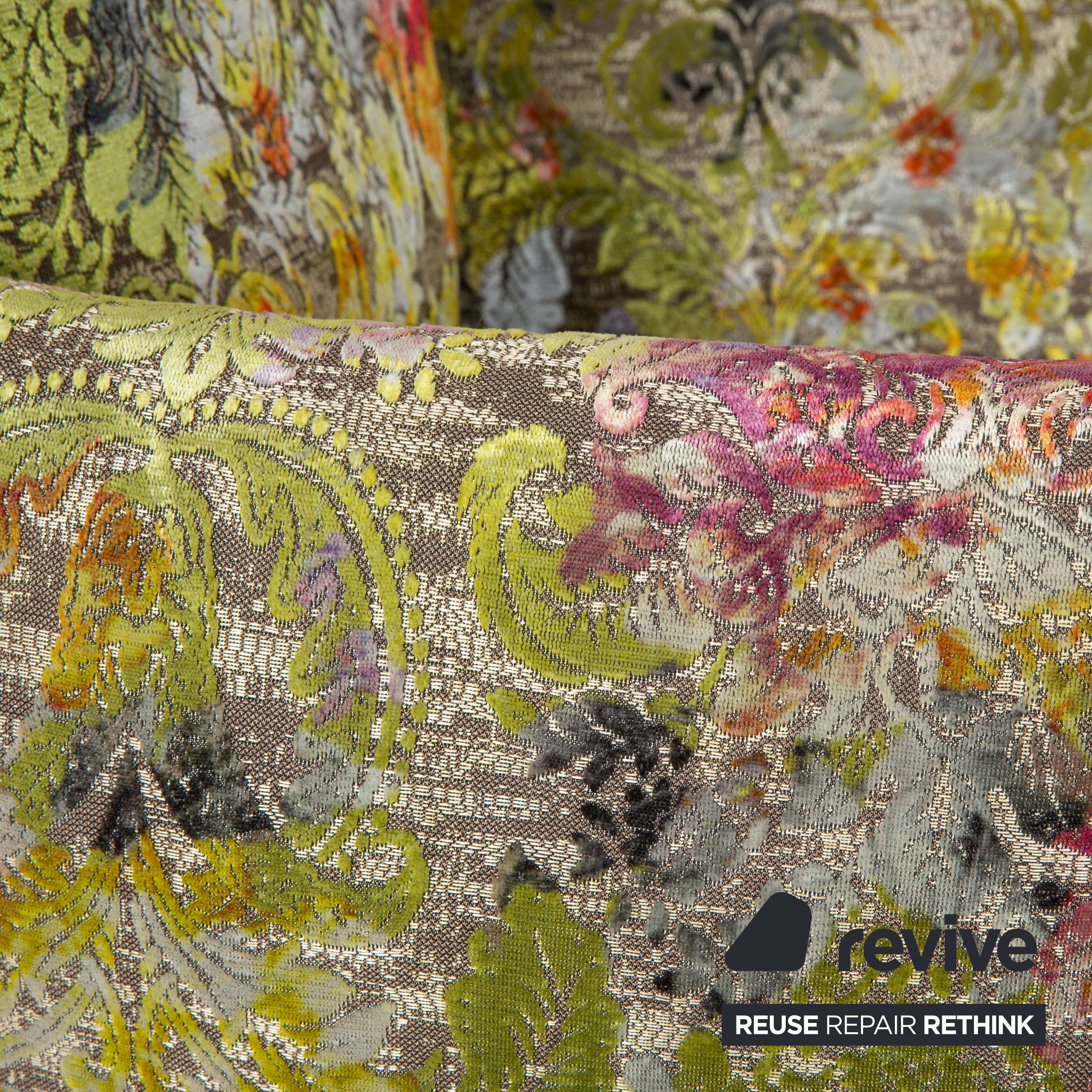 Bretz Ohlinda Garnitur MDF Esstisch & 6x Stoff Stühle Grün Creme Weiß Gold midsummer oliv bunt Blumenmuster Muster Samt Esszimmer 270 x 110 x 74 cm