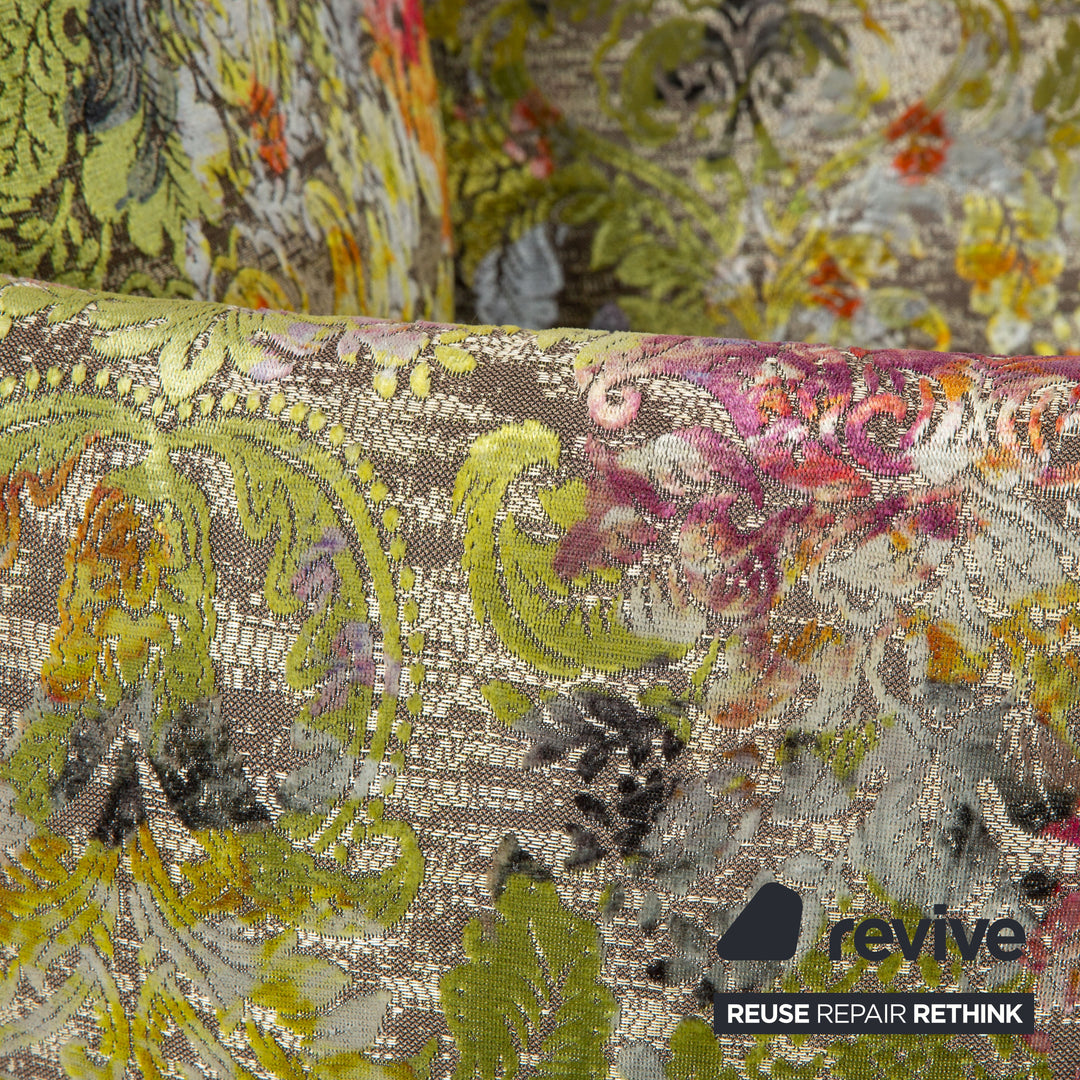 Ensemble table à manger Bretz Ohlinda en MDF et 6 chaises en tissu vert crème blanc or olive d'été motif floral coloré velours salle à manger 270 x 110 x 74 cm