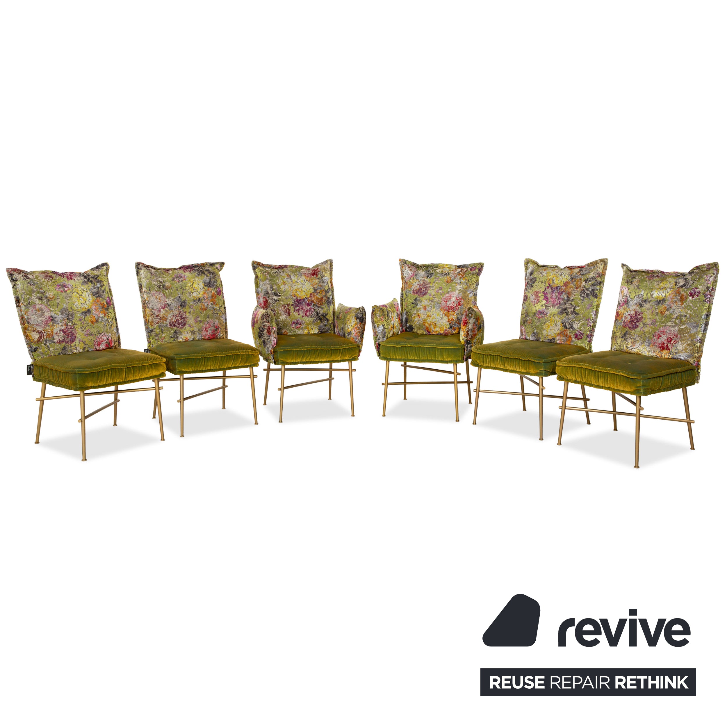 Bretz Ohlinda Garnitur MDF Esstisch & 6x Stoff Stühle Grün Creme Weiß Gold midsummer oliv bunt Blumenmuster Muster Samt Esszimmer 270 x 110 x 74 cm