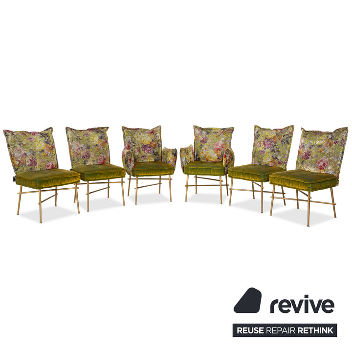 Ensemble table à manger Bretz Ohlinda en MDF et 6 chaises en tissu vert crème blanc or olive d'été motif floral coloré velours salle à manger 270 x 110 x 74 cm